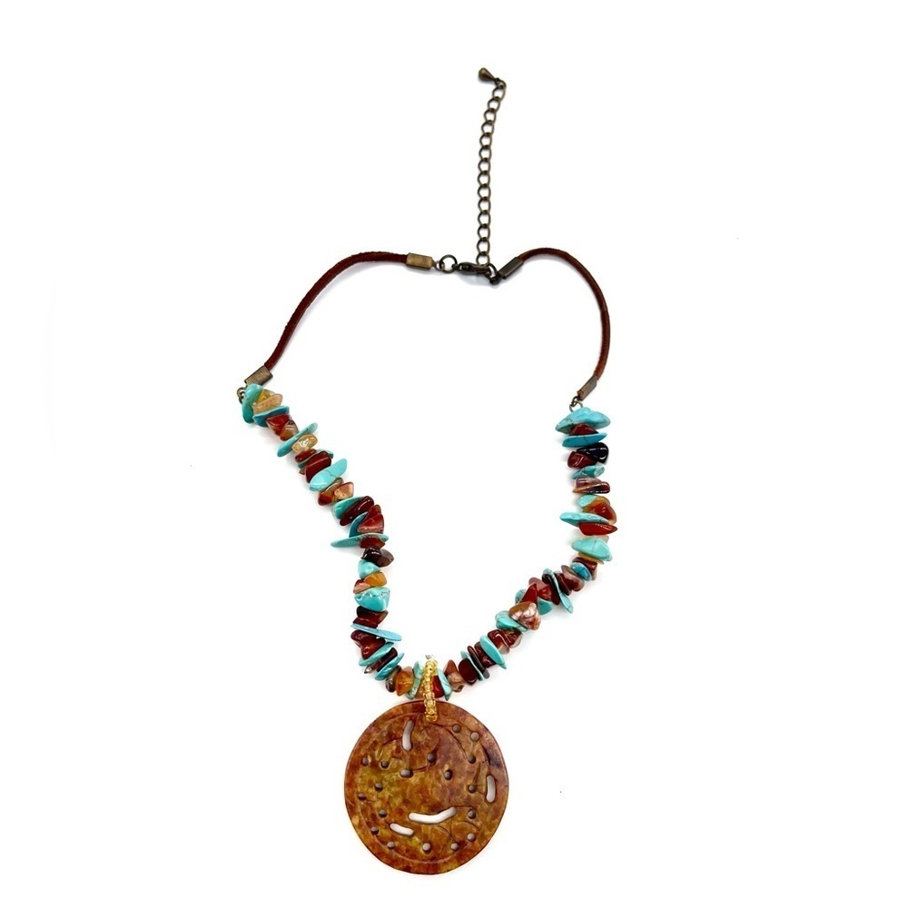 Leather with Turquoise & Jadeite sones & Hand carved horse Jadeite Pendant